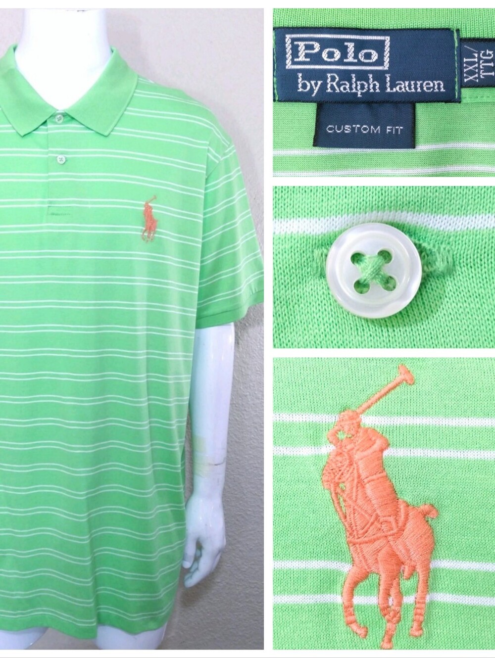 POLO RALPH LAUREN XXL Green WHITE Stripes ORANGE BIG PONY 2XL RL Golf MENS Vtg